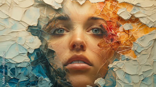 Within a conceptual collage on mental health awareness, a fragmented self-portrait is pieced together using shards of shattered mirrors