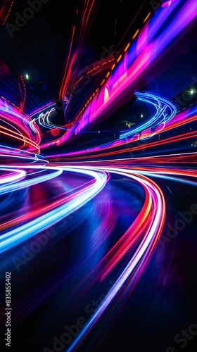 Colorful light trails in motion on dark background