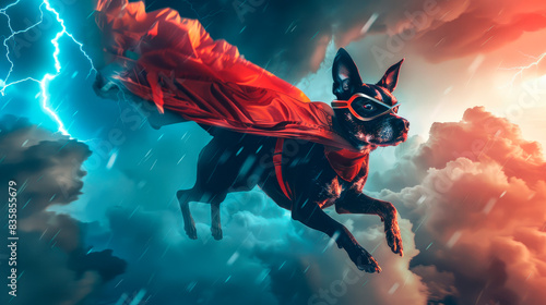 Superhero dog with a red cloak and eye mask flying in stormy sky.