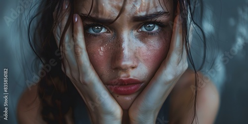 A close-up portrait of a young woman with wet hair and freckles on her face