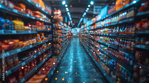 front perspective, blurred grocery shelves, food articles semi visible, a topping layer of technological lines and tech vibe.generative ai
