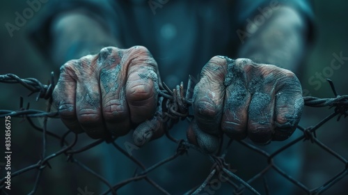 Weathered hands holding barbed wire in a gritty outdoor setting with rough skin and worn fingers