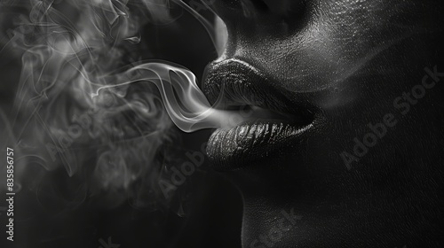 Close-up of a person exhaling smoke with detailed lips and texture in black and white photo