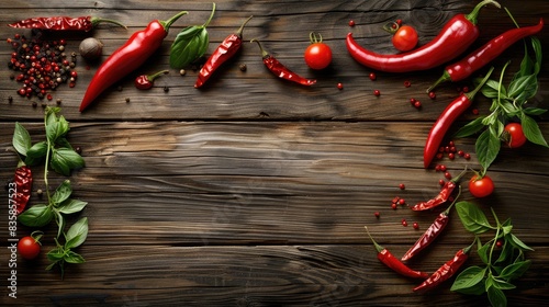 Pepper Varieties and Other Ingredients on Wooden Background for Herb and Spice Theme