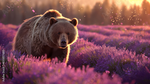 A bear is walking through a field of purple flowers. The bear is large and he is enjoying the peaceful surroundings