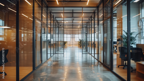 A large open office space with glass walls and a lot of natural light. The space is mostly empty, with only a few chairs and a potted plant. The atmosphere is modern and professional
