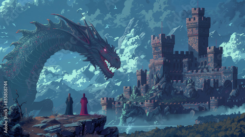 castle with dragon in pixel art