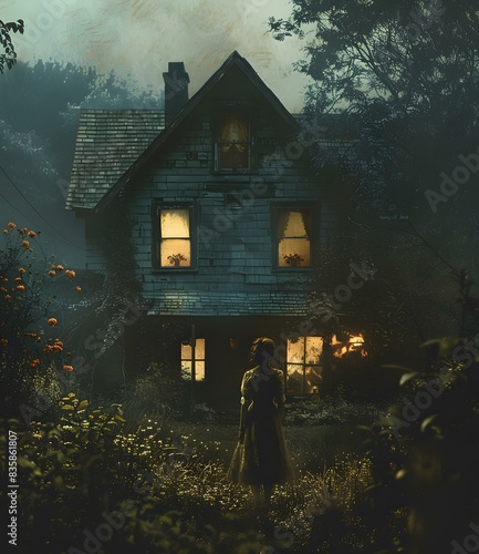 A woman standing in front of a haunted house