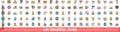 100 beautiful icons set. Color line set of beautiful vector icons thin line color flat on white