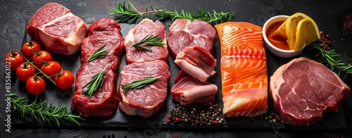 Assorted raw meat including steak salmon beef pork and chicken on a black background, Generative AI