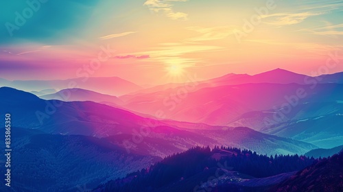 Panoramic view of vibrant sunrise over mountain range capturing the awakening wildlife and evoking emotional joy and romance