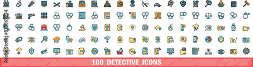 100 detective icons set. Color line set of detective vector icons thin line color flat on white