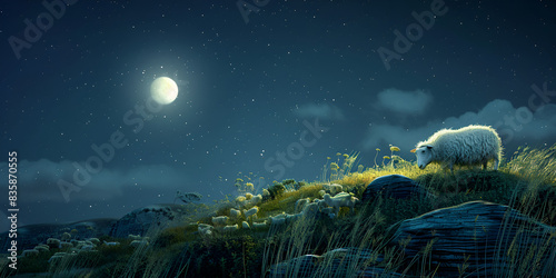 Sheep on the meadow under the moonlight. 3D rendering.
