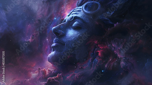 Digital art of Lord Shiva's face against a stunning nebula background, representing cosmic energy and spiritual awakening. Suitable for religious or spiritual themes.