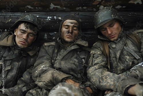 Three soldiers sleeping in a foxhole