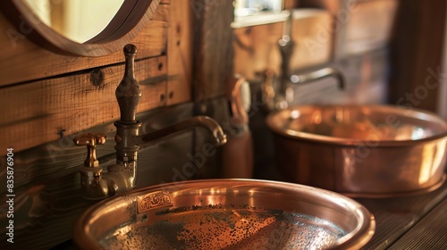 Quaint rustic bathroom, close-up on copper sink and antique faucets, subdued natural lighting 
