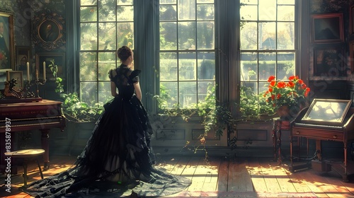 Lady in black dress standing near the window