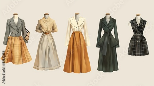 A minimalist depiction of 20th-century fashion, showcasing a selection of iconic garments from different decades. The artwork features a 1930s bias-cut dress, a 1950s circle skirt, and a 1970s