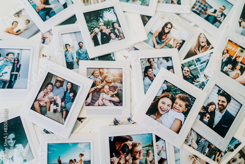 An overhead shot of a pile of Polaroid photos scattered on a white table. The photos show happy people captured in cinematic, movie scene style, with vibrant colors and dynamic com