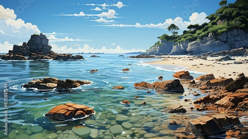 An evocative image of a pristine beach littered with plastic waste, highlighting the global issue of pollution and its harmful effects on marine life and ecosystems. Painting Illustration style,