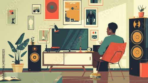 A flat design depiction of a character decorating a space with retro posters and memorabilia. The minimalist setting emphasizes the character's appreciation for vintage culture and nostalgic