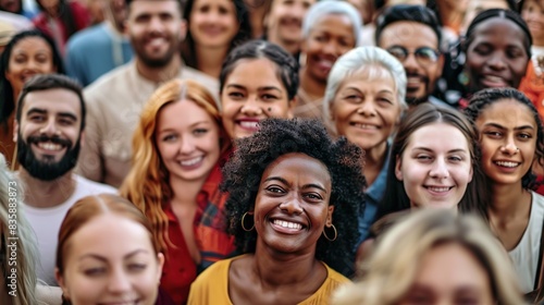 A large multiethnic crowd of smiling people look at the camera. The diverse group is a mix of races and ethnicities.
