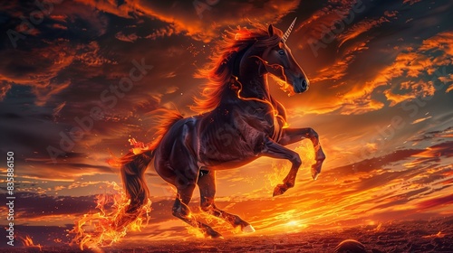 A horse rearing up on its hind legs, flames trailing from its hooves and mane, set against a dramatic sunset with the sky ablaze in fiery hues.