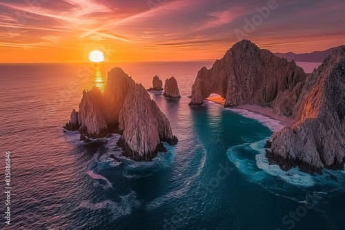 Sunset aerial photo of the Cabo San Lucas Arch taken in Land's End, Baja California Sur. Generative AI