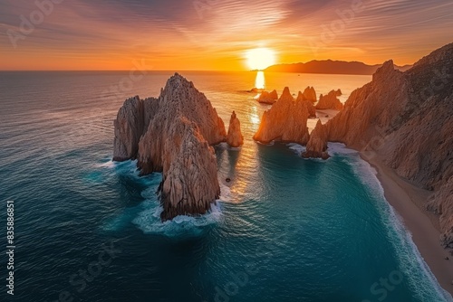 Sunset aerial photo of the Cabo San Lucas Arch taken in Land's End, Baja California Sur. Generative AI