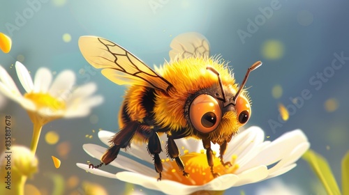 A cute cartoon bee with rosy cheeks and tiny wings, sitting on a bright flower, enjoying the sunshine