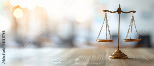 Golden scale of justice on wooden table with blurred background, symbolizing law, equality, and fairness in legal matters.