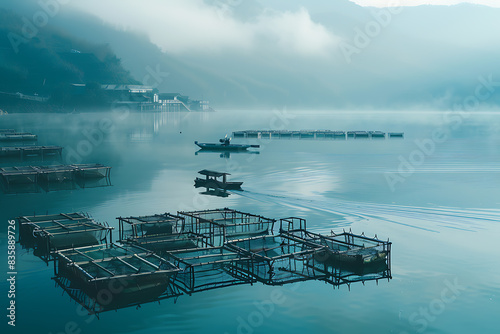 serene aquatic landscape, several fish pens float peacefully on the water, with one small boat attending to them, creating a harmonious scene of modern aquaculture and sustainable farming practices