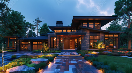Sleek craftsman house front with garage, modern landscaping, outdoor lighting
