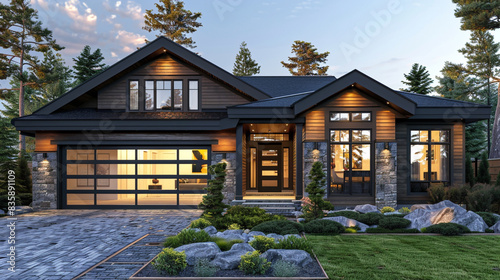 Minimalist craftsman house front with single garage, glass and steel design