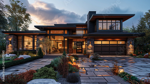 Sleek craftsman house front with garage, modern landscaping, outdoor pergola
