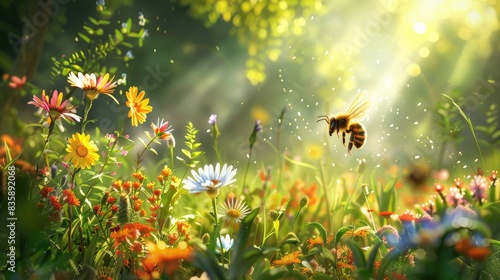 A honeybee buzzing through a vibrant meadow, surrounded by colorful wildflowers, with sunlight streaming and a gentle breeze