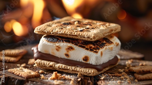 A perfectly toasted s'more with a golden-brown marshmallow, melted chocolate, and graham crackers, set against a rustic campfire backdrop