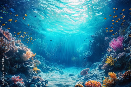 Underwater view of a marine environment with a blue ocean and untamed nature in the backdrop. Generative AI