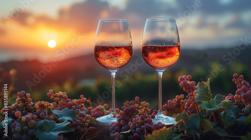 two glasses of red wine against sunset