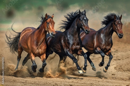 Three majestic horses galloping across a golden sandy field in high-quality image