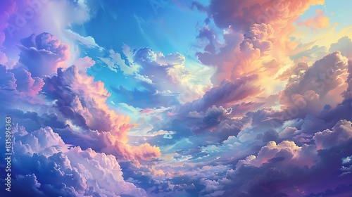 Breathtaking clouds painted with a myriad of colors floating peacefully in the tranquil white and blue sky.