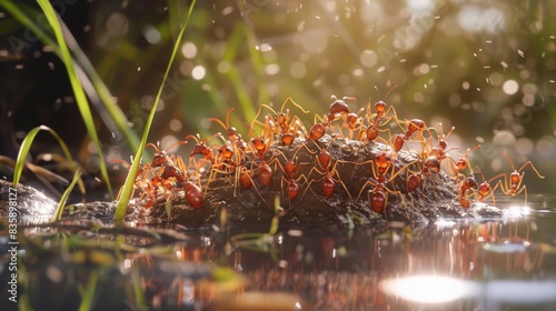 A colony of fire ants constructing a floating raft to survive a flood, showcasing their adaptive behavior in challenging environments.