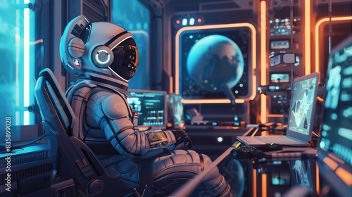Astronaut at Work in a Futuristic Office 
