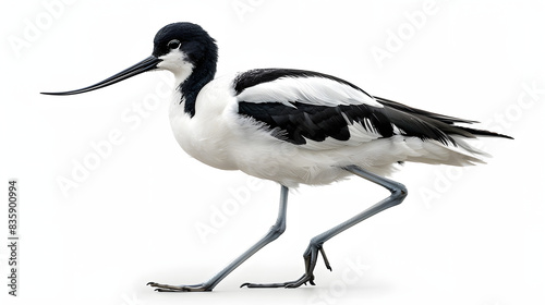 Pied avocet, recurvirostra avosetta, foraging isolated on white background, isometry, png 