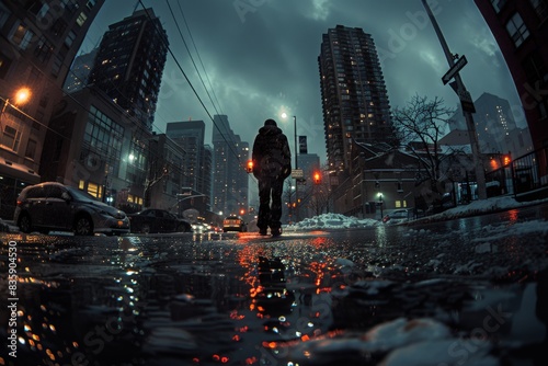 A Nighttime Urban Scene: A Rainy Cityscape at Night with Reflections on the Street, a Person Walking, and Tall Buildings.