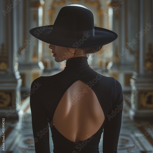 Elegant Fashion: High-Fashion Female Model in Black Dress and Hat