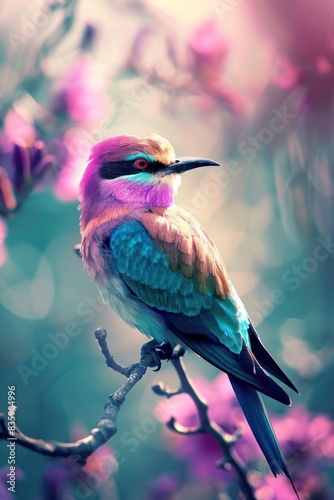 Colorful bird on a branch with a dreamy pink and blue bokeh background.