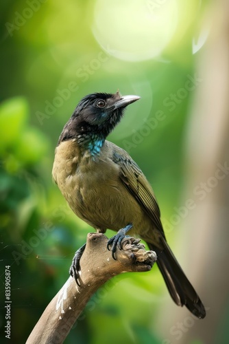 Vibrant bird perched on a branch with lush green bokeh background.