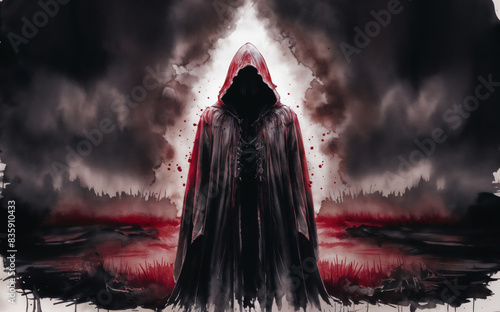 a Haunting silhouette of a faceless cloaked figure emerging from the dense fog, robe soaked and stained in red blood. 