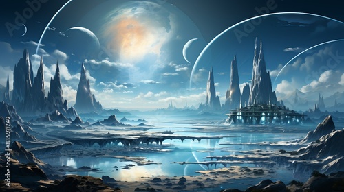 On the surface of a ringed planet, settlers construct vast cities suspended in the air by anti-gravity technology, their towering spires reaching towards the heavens as they defy the laws of physics.